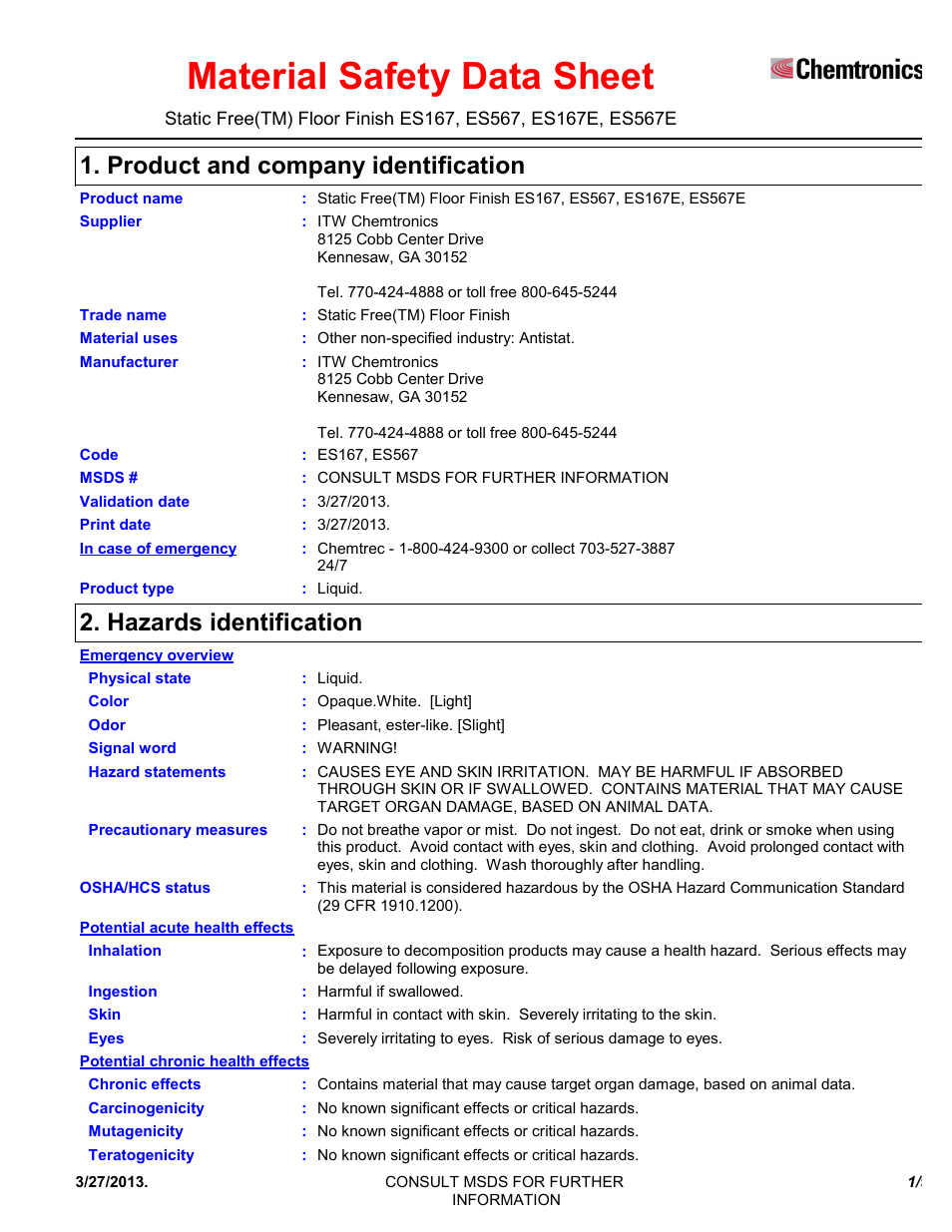 Chemtronics Static Free Floor Finish ES567 User Manual | 9 pages