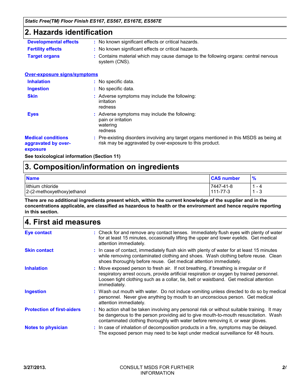 Hazards identification, Composition/information on ingredients, First aid measures | Chemtronics Static Free Floor Finish ES567 User Manual | Page 2 / 9