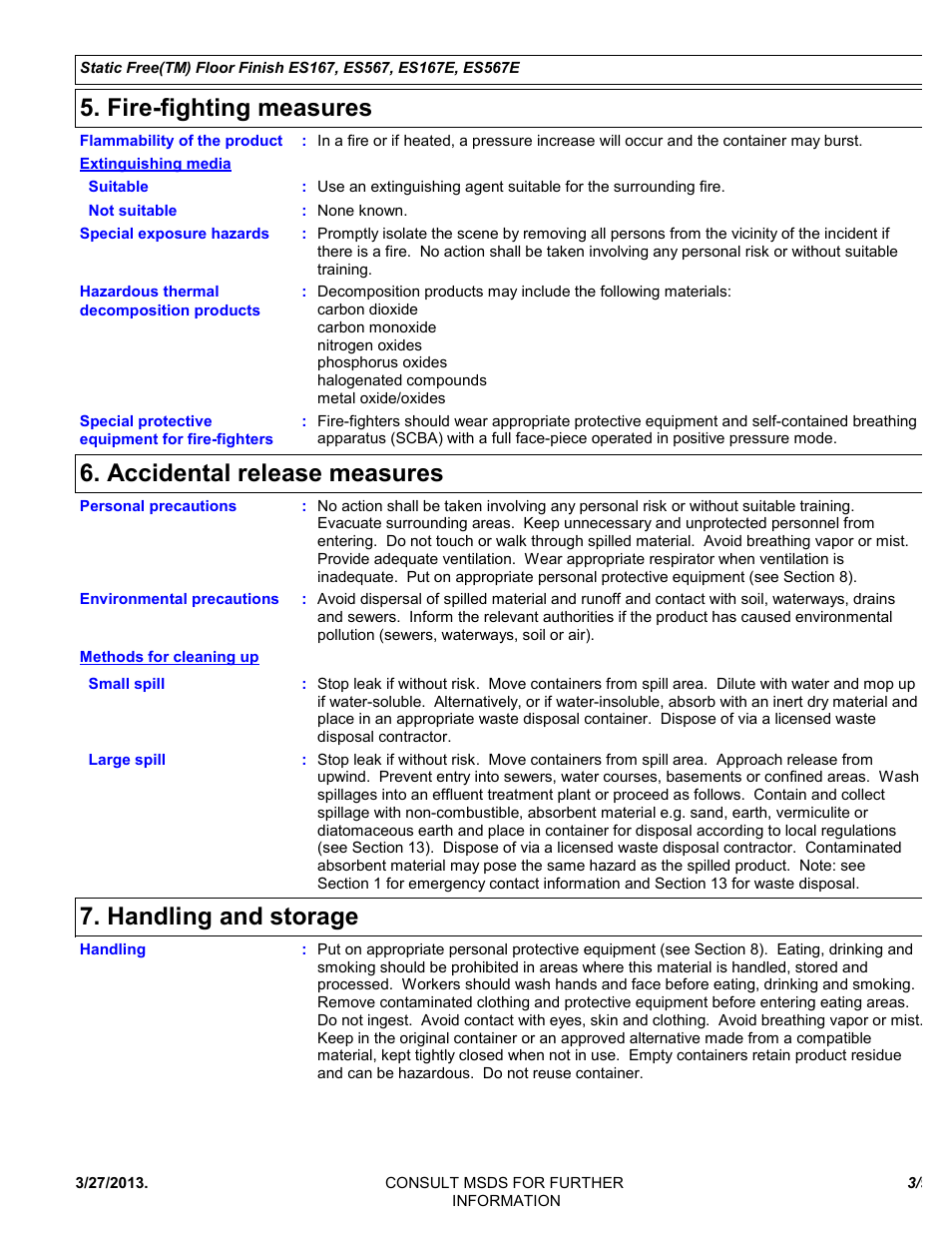 Fire-fighting measures, Accidental release measures, Handling and storage | Chemtronics Static Free Floor Finish ES567 User Manual | Page 3 / 9