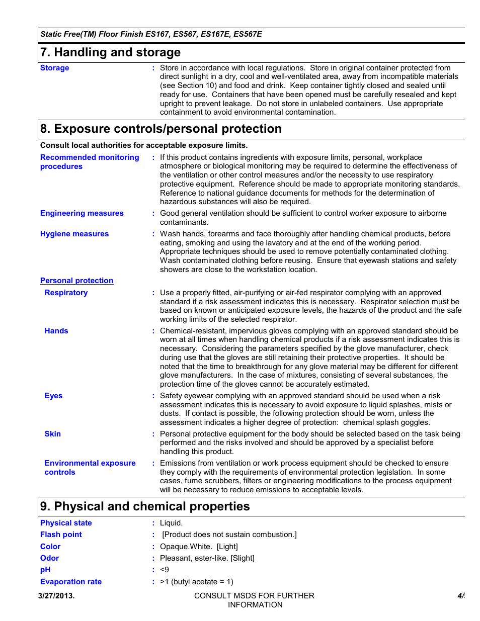 Handling and storage, Exposure controls/personal protection, Physical and chemical properties | Chemtronics Static Free Floor Finish ES567 User Manual | Page 4 / 9
