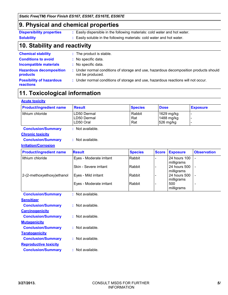 Physical and chemical properties, Stability and reactivity, Toxicological information | Chemtronics Static Free Floor Finish ES567 User Manual | Page 5 / 9