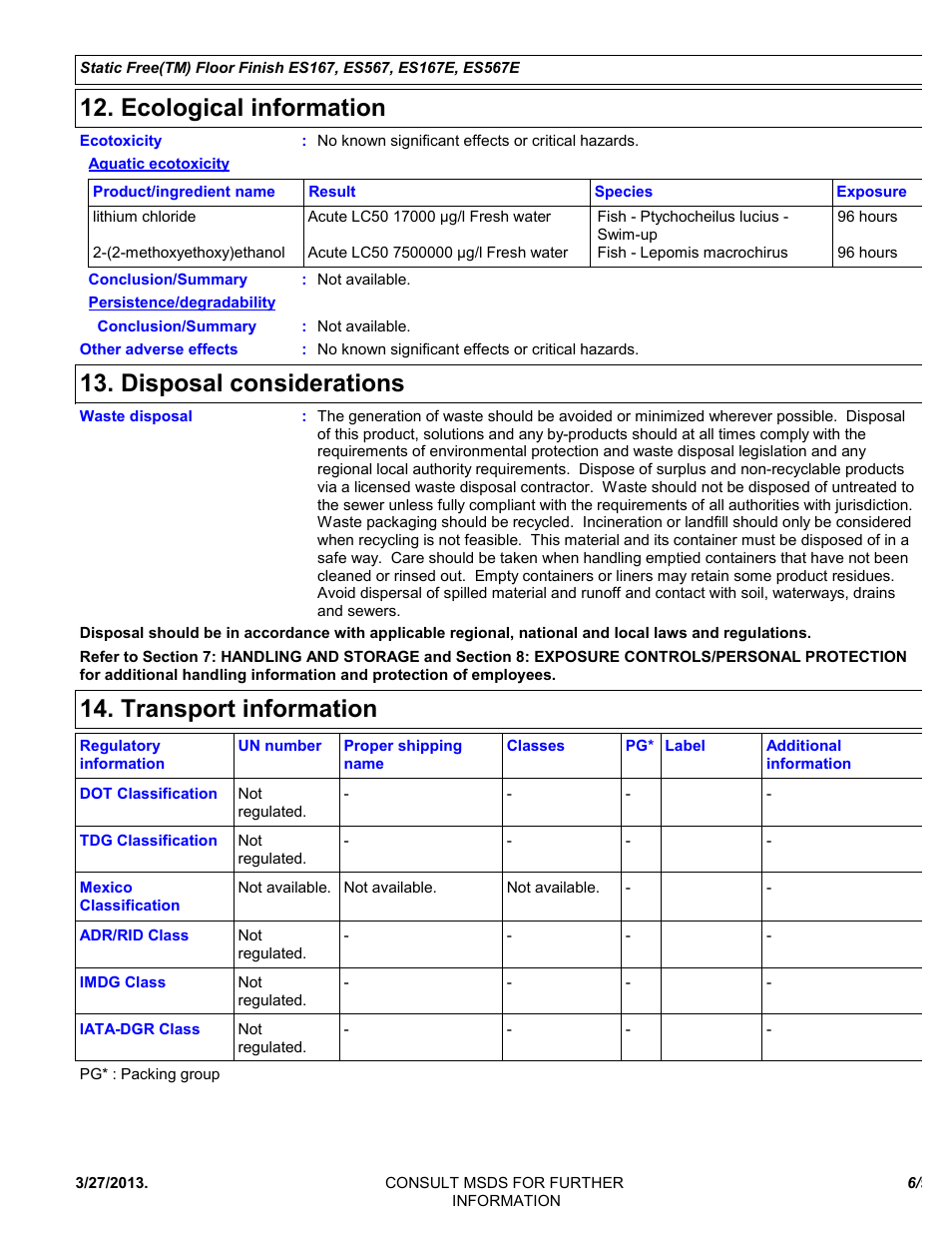 Ecological information, Disposal considerations, Transport information | Chemtronics Static Free Floor Finish ES567 User Manual | Page 6 / 9