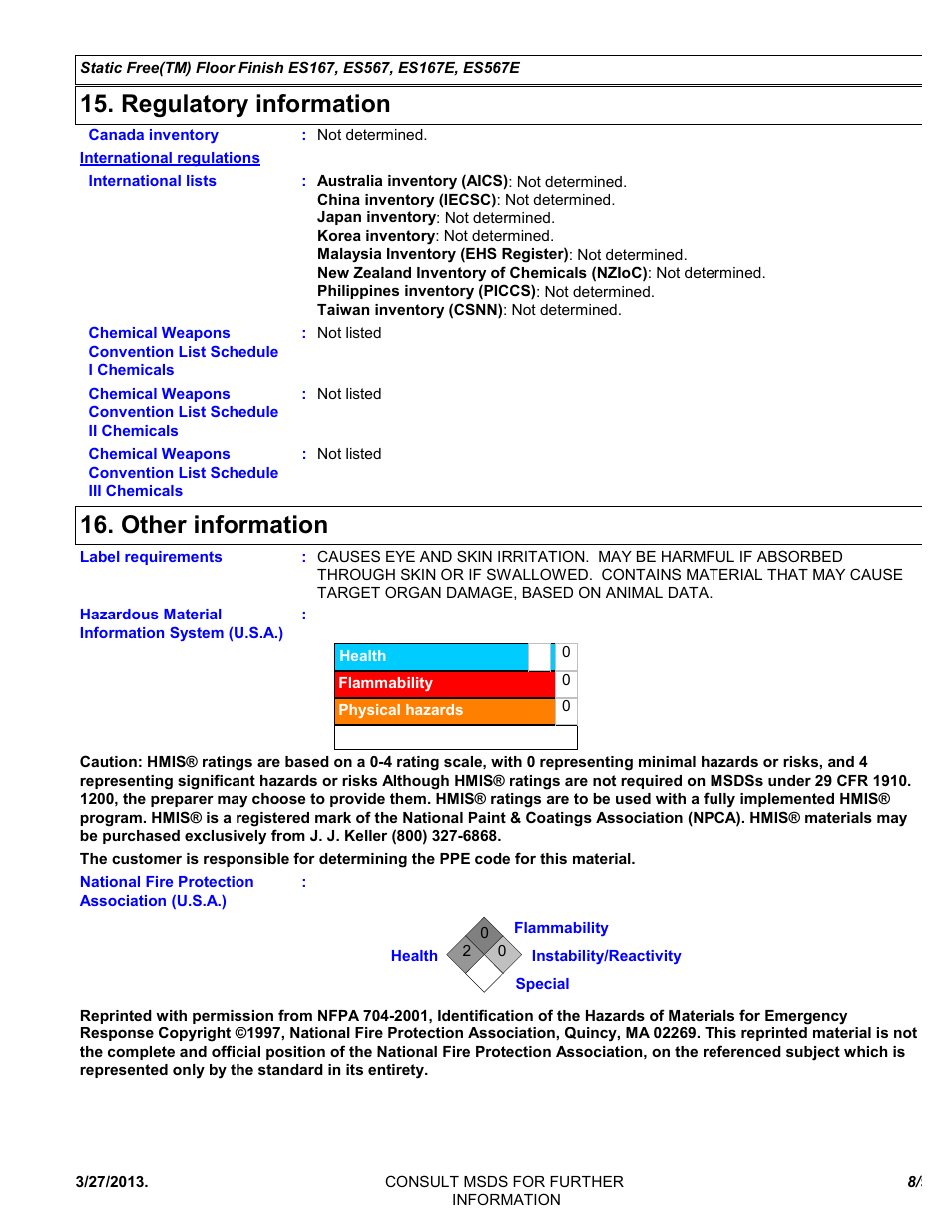 Regulatory information, Other information | Chemtronics Static Free Floor Finish ES567 User Manual | Page 8 / 9