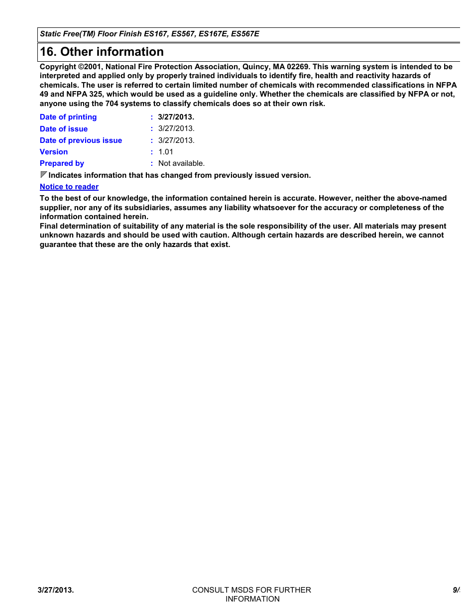 Other information | Chemtronics Static Free Floor Finish ES567 User Manual | Page 9 / 9