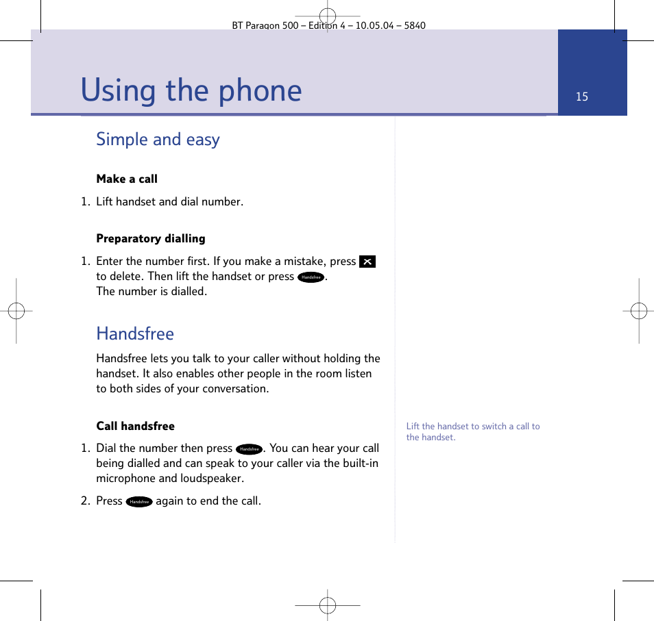Using the phone, Simple and easy, Handsfree | BT PARAGON 500 User Manual | Page 15 / 61