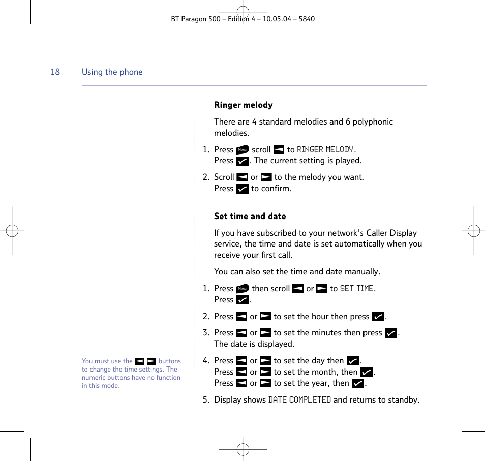 Ringer melody, Set time, Date completed | BT PARAGON 500 User Manual | Page 18 / 61