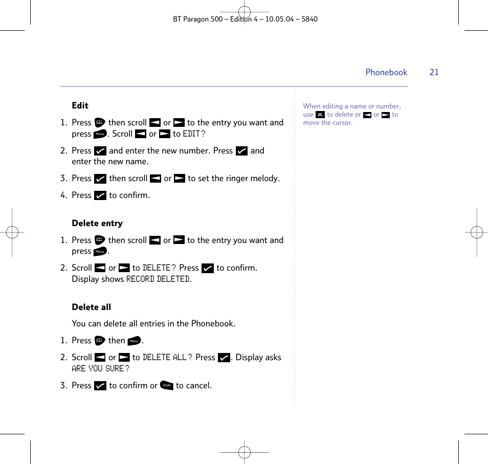 Edit, Delete, Record deleted | Delete all, Are you sure | BT PARAGON 500 User Manual | Page 21 / 61