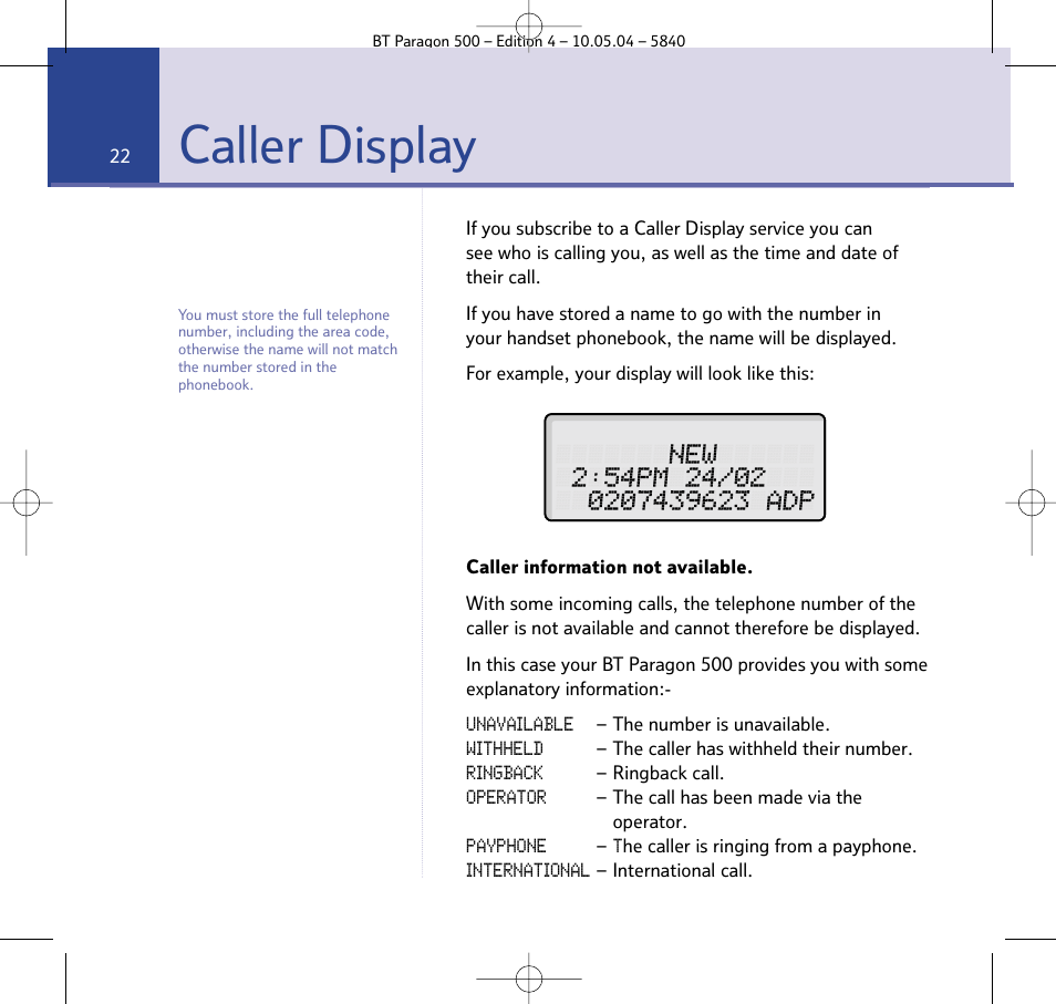 Caller display | BT PARAGON 500 User Manual | Page 22 / 61