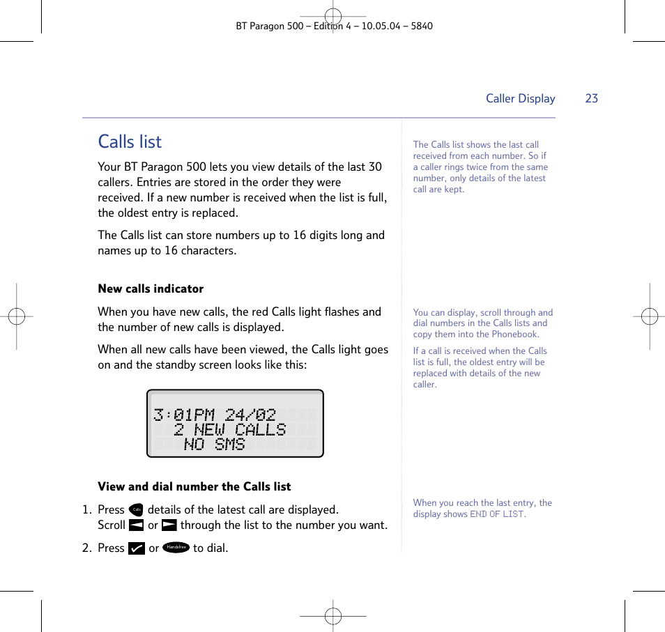 Calls list | BT PARAGON 500 User Manual | Page 23 / 61