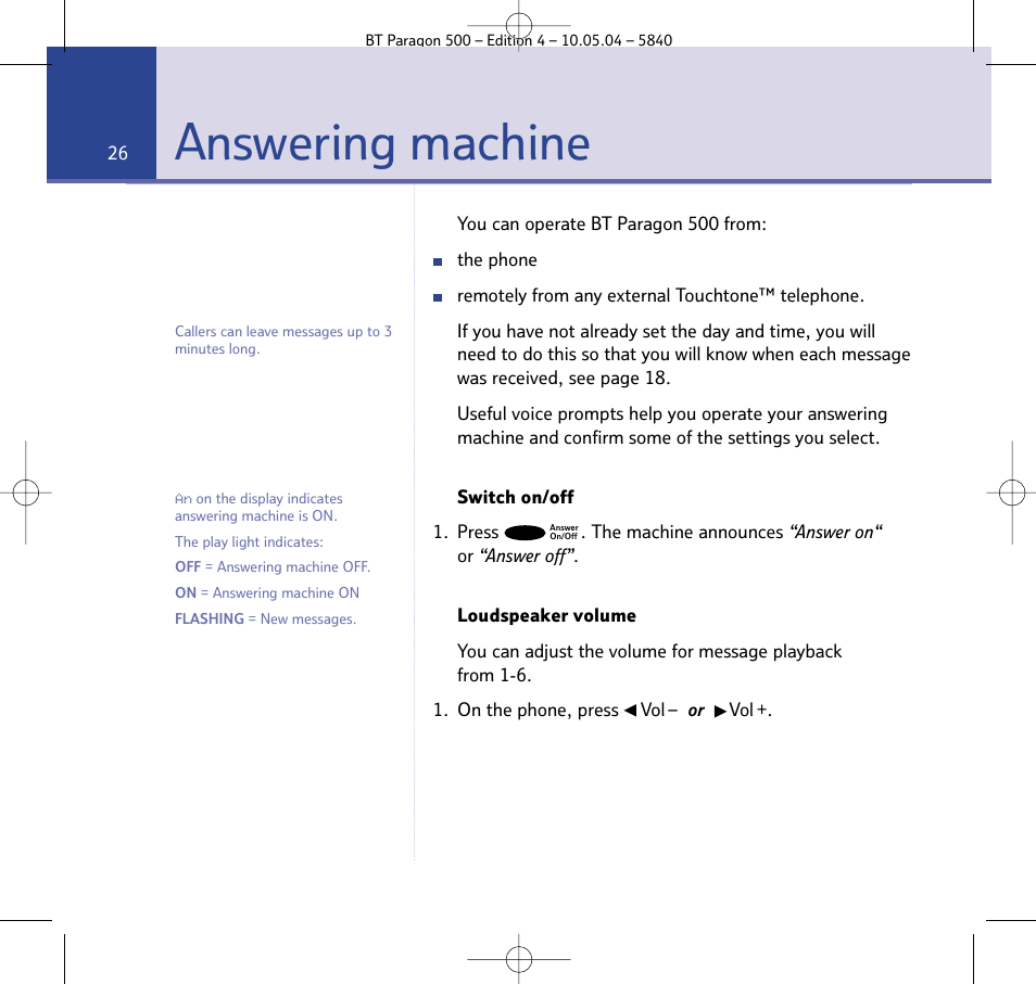 Answering machine | BT PARAGON 500 User Manual | Page 26 / 61