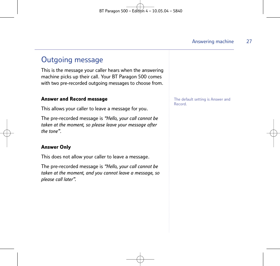 Outgoing message | BT PARAGON 500 User Manual | Page 27 / 61