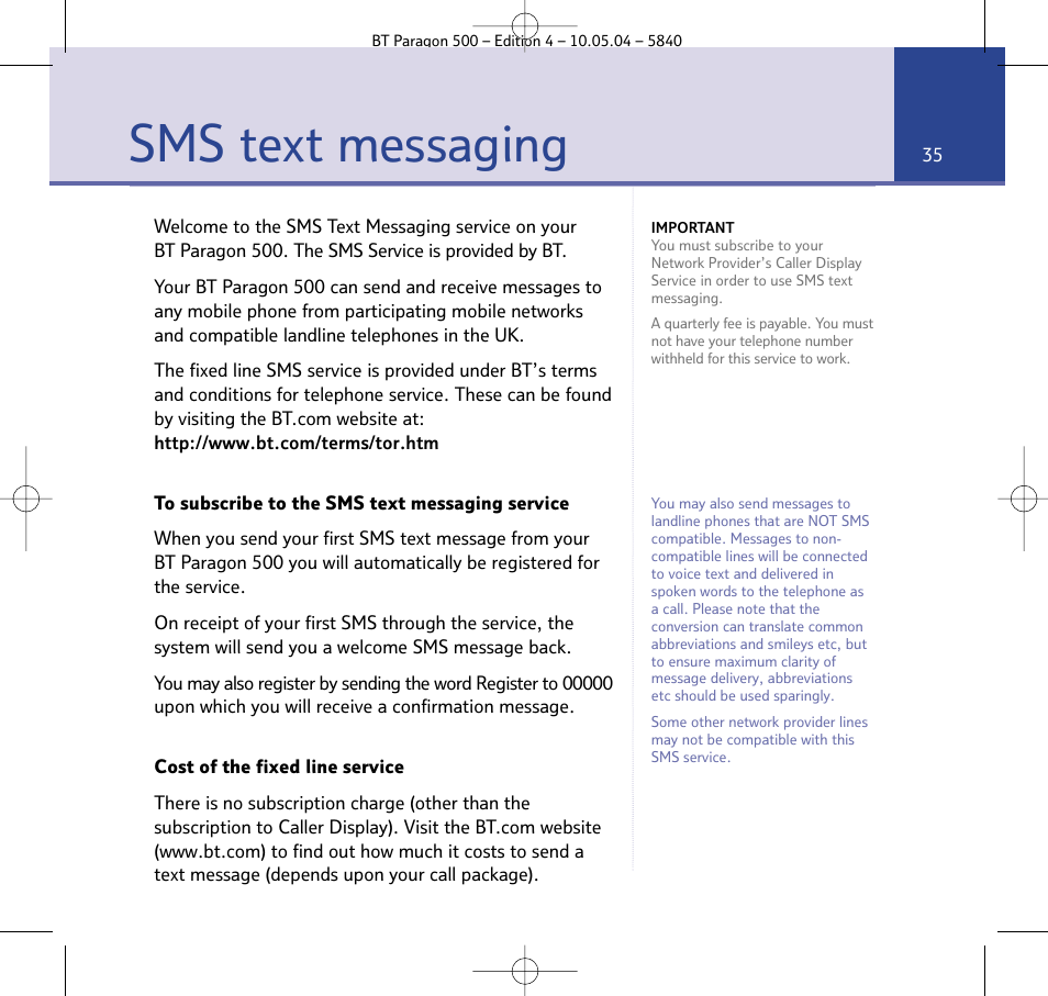 Sms text messaging | BT PARAGON 500 User Manual | Page 35 / 61