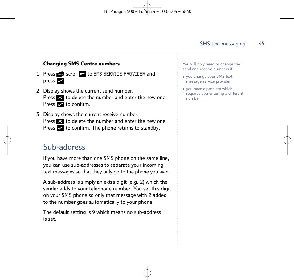Sub-address | BT PARAGON 500 User Manual | Page 45 / 61