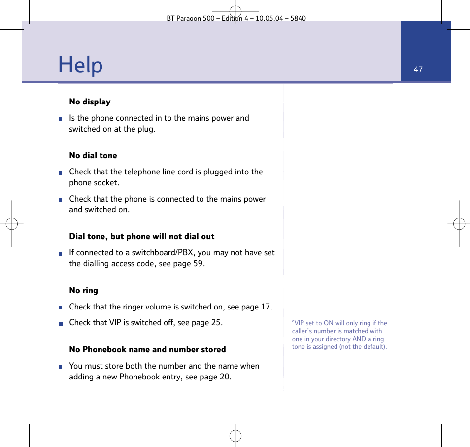 Help | BT PARAGON 500 User Manual | Page 47 / 61