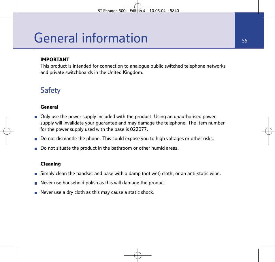 General information, Safety | BT PARAGON 500 User Manual | Page 55 / 61