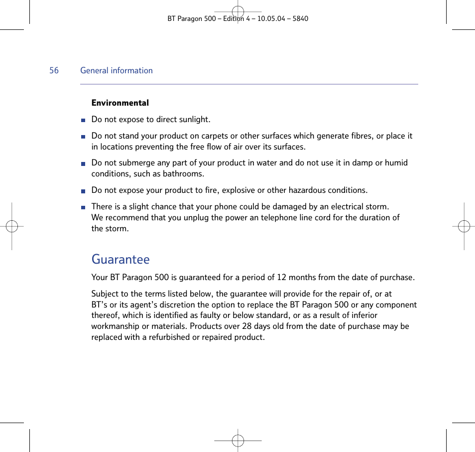 Guarantee | BT PARAGON 500 User Manual | Page 56 / 61
