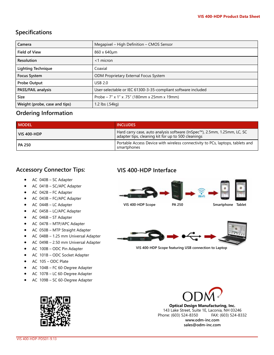 Accessory connector tips, Vis 400-hdp interface specifications, Ordering information | Chemtronics VIS 400-HDP Fiber Inspection Scope User Manual | Page 2 / 2