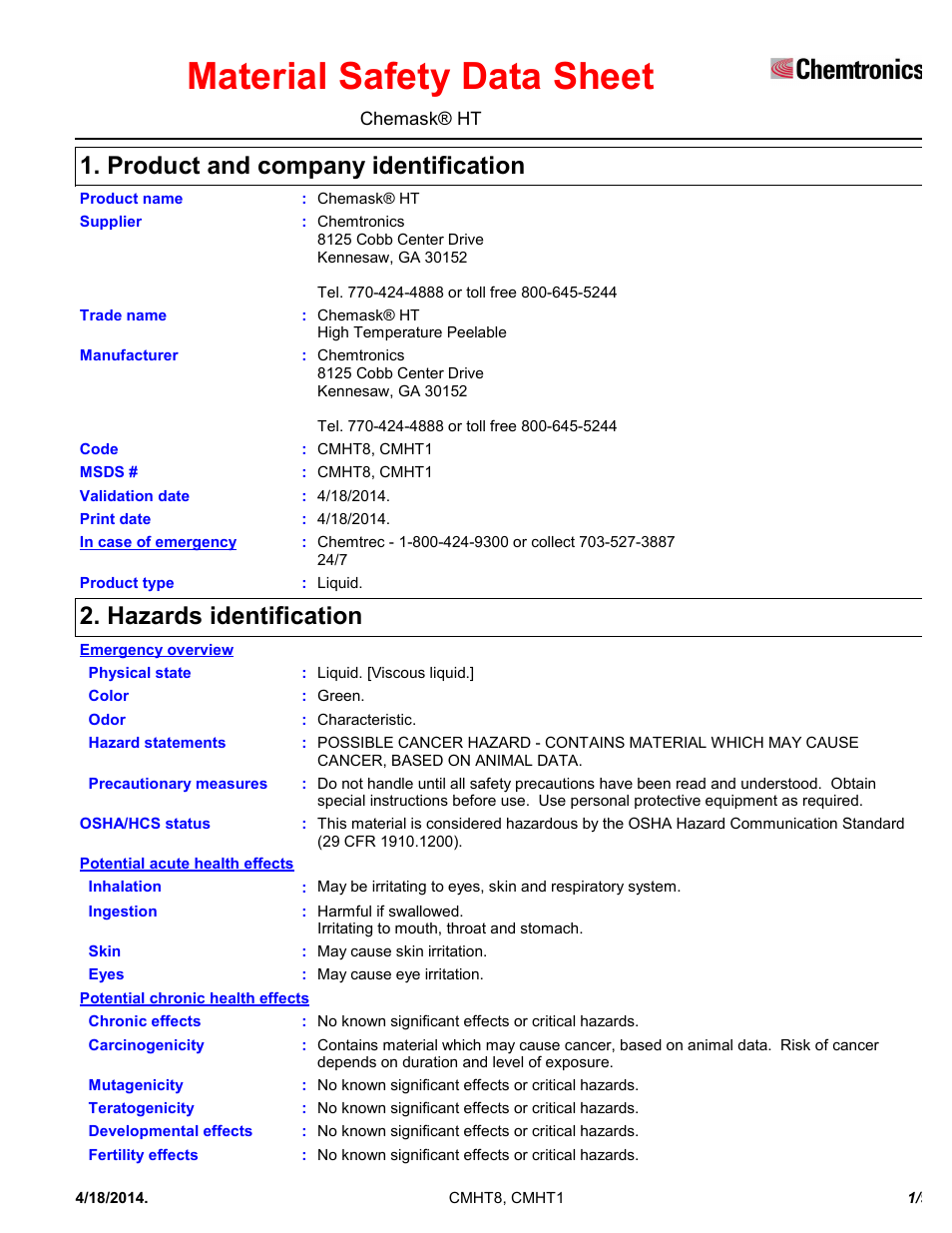 Chemtronics Chemask HT - High Temperature CMHT8 User Manual | 9 pages