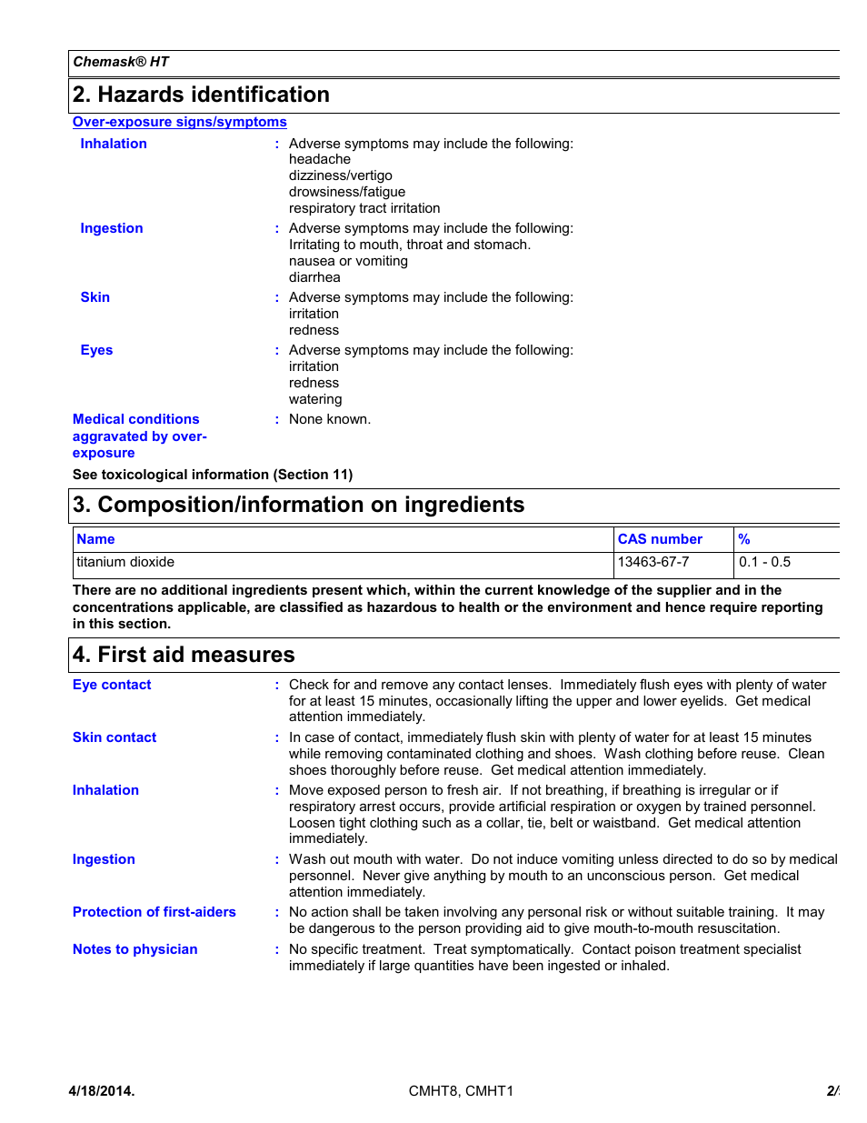 Hazards identification, Composition/information on ingredients, First aid measures | Chemtronics Chemask HT - High Temperature CMHT8 User Manual | Page 2 / 9