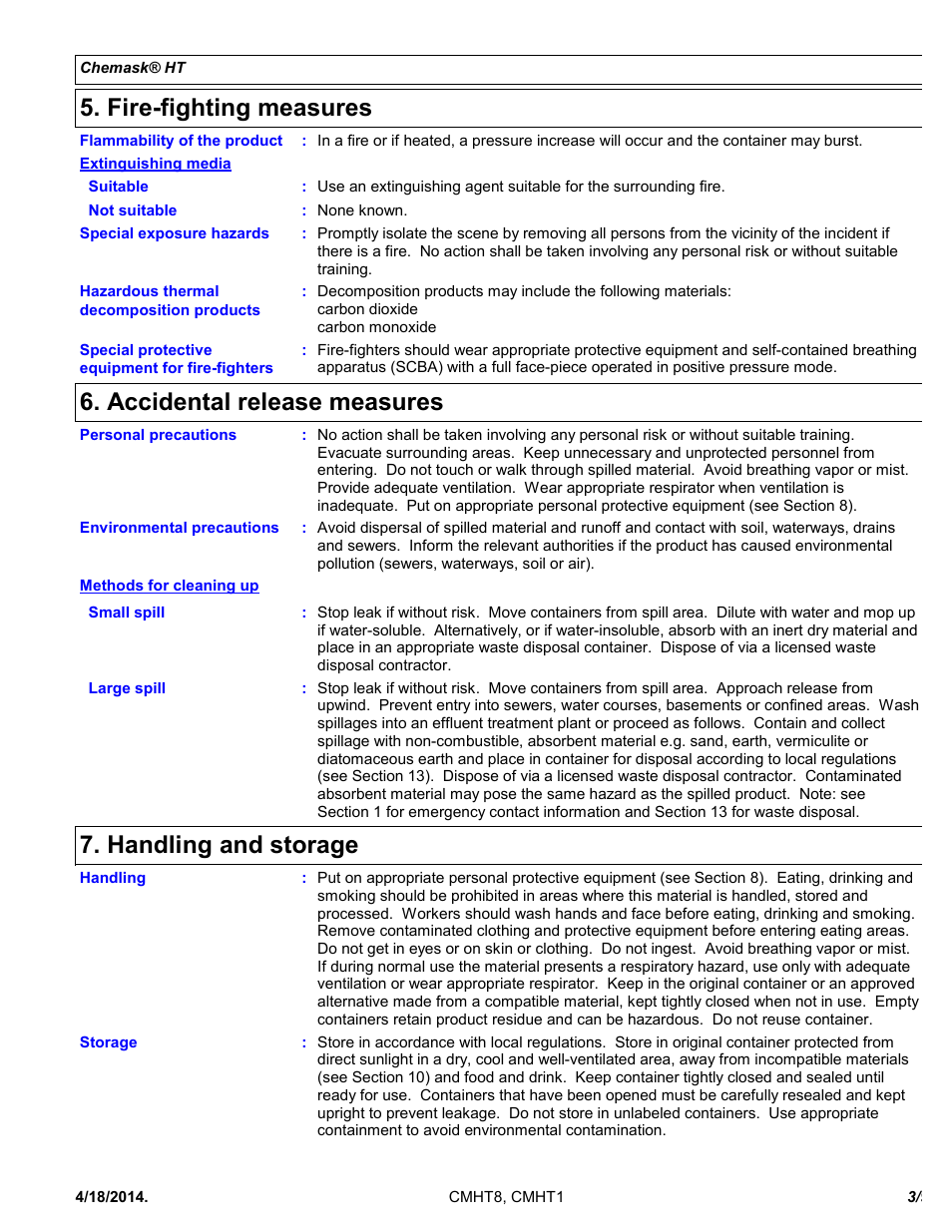 Fire-fighting measures, Accidental release measures, Handling and storage | Chemtronics Chemask HT - High Temperature CMHT8 User Manual | Page 3 / 9