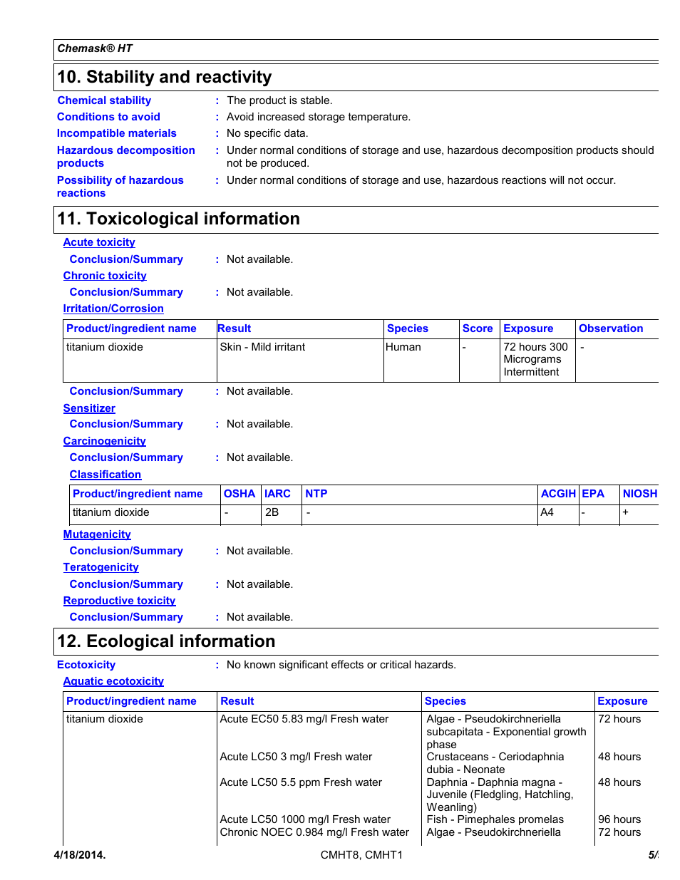 Stability and reactivity, Toxicological information, Ecological information | Chemtronics Chemask HT - High Temperature CMHT8 User Manual | Page 5 / 9