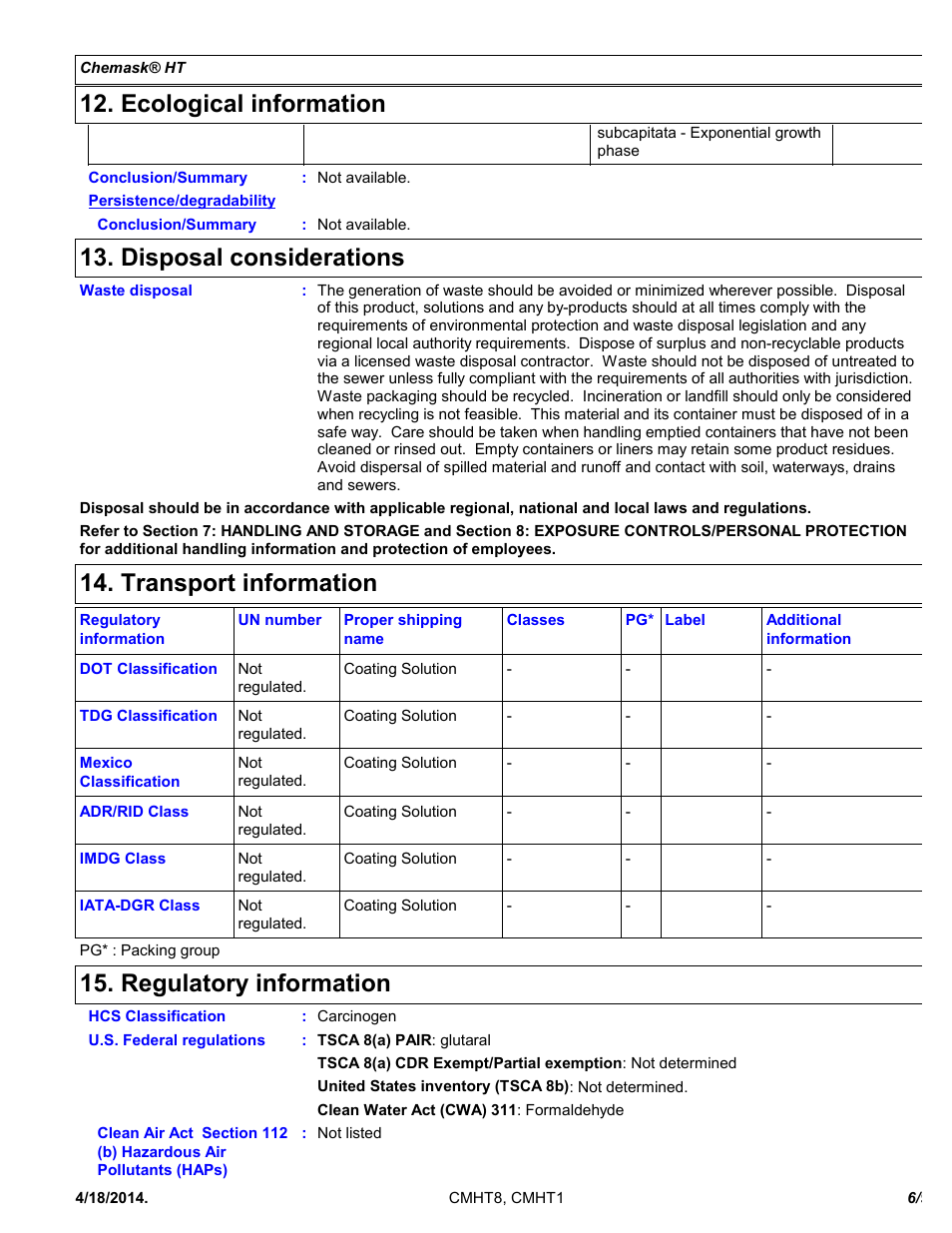 Ecological information, Disposal considerations, Transport information | Regulatory information | Chemtronics Chemask HT - High Temperature CMHT8 User Manual | Page 6 / 9