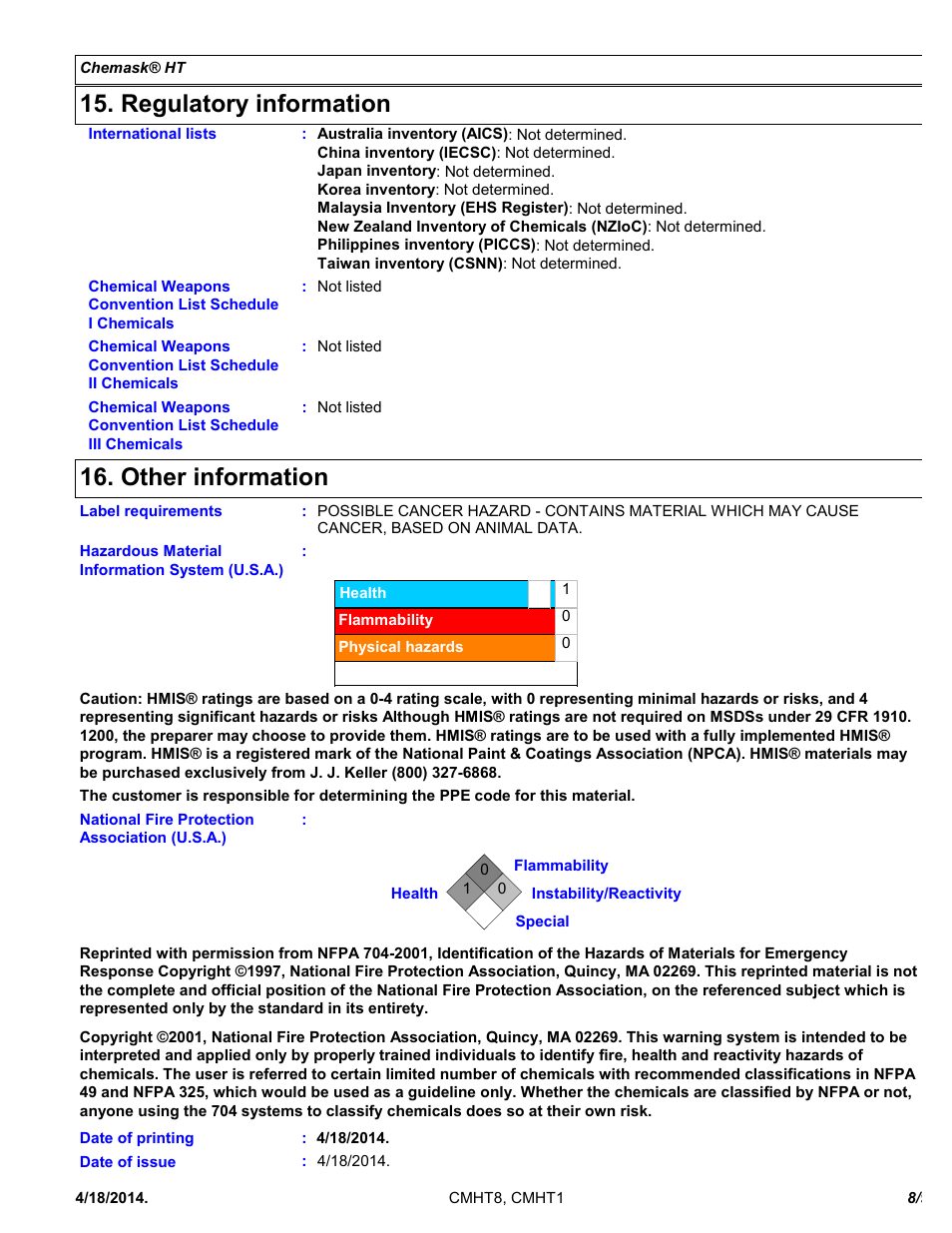 Regulatory information, Other information | Chemtronics Chemask HT - High Temperature CMHT8 User Manual | Page 8 / 9