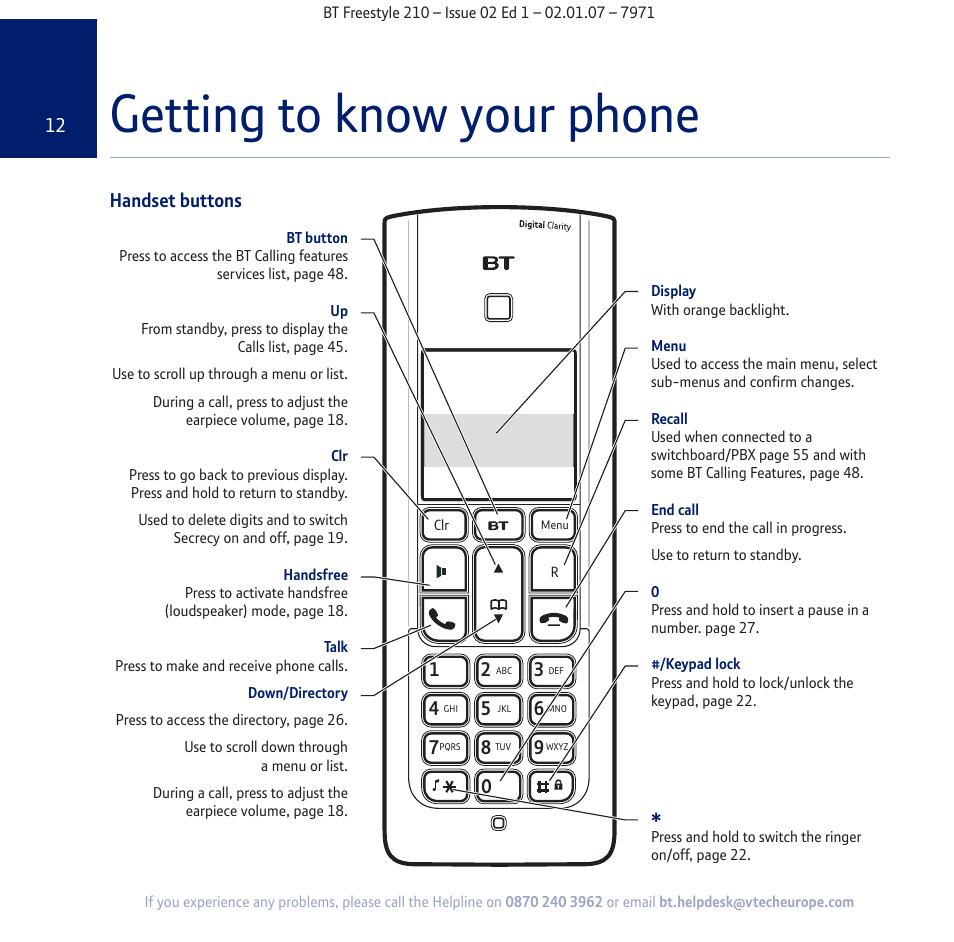 Getting to know your phone, Handset buttons | BT 210 User Manual | Page 12 / 58