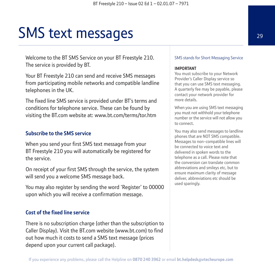 Sms text messages | BT 210 User Manual | Page 29 / 58