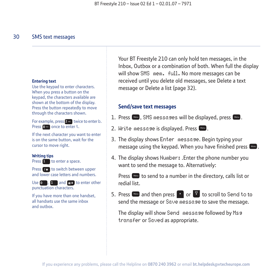 Sms mem. full, Sms messages, Write message | Enter message, Number, Send to, Save message, Send message, Msg transfer, Saved | BT 210 User Manual | Page 30 / 58