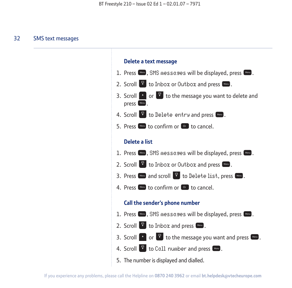Sms messages, Inbox, Outbox | Delete entry, Delete list, Call number | BT 210 User Manual | Page 32 / 58