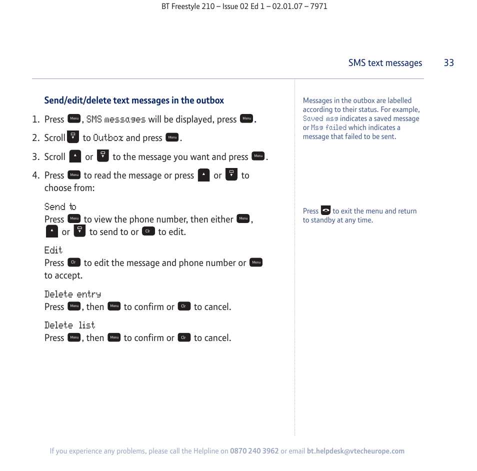 Sms messages, Outbox, Send to | Edit, Delete entry, Delete list | BT 210 User Manual | Page 33 / 58