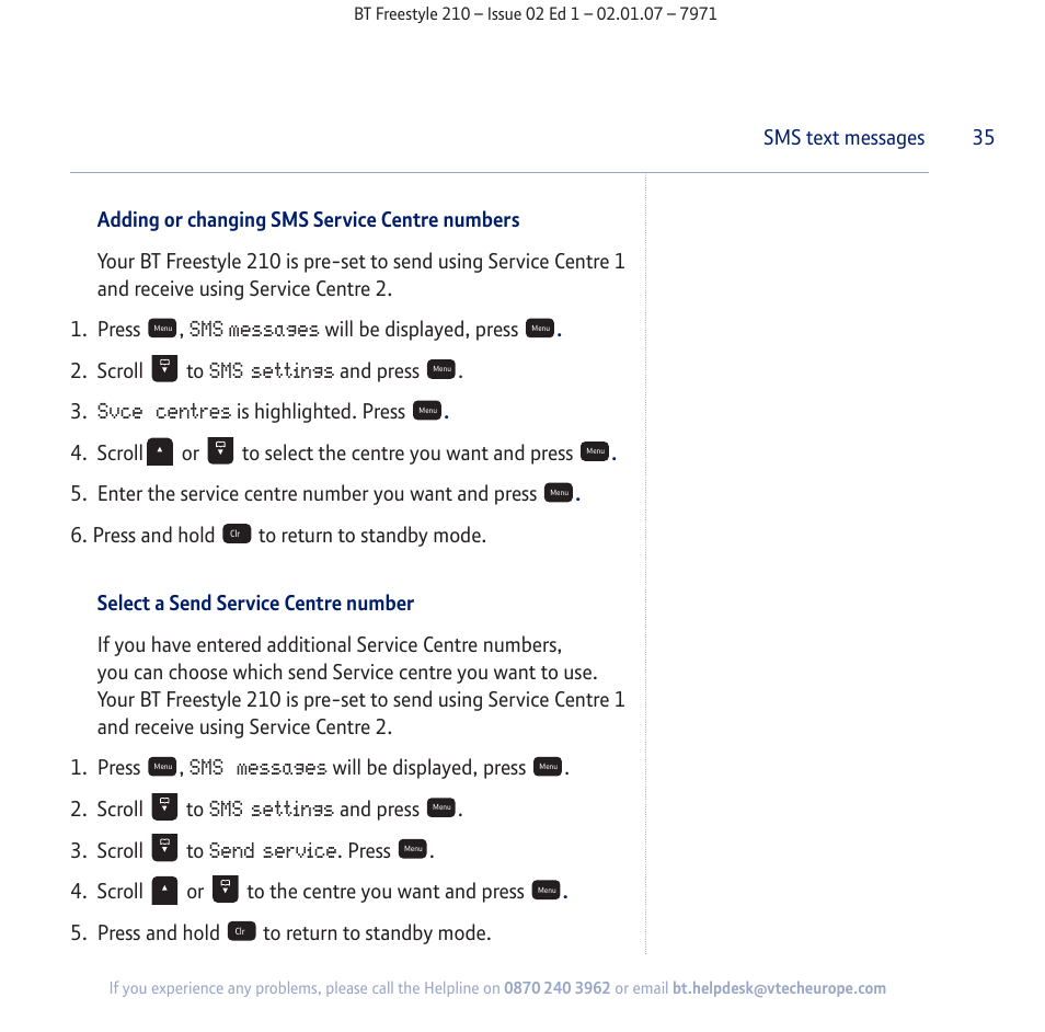 Sms messages, Sms settings, Svce centres | Send service | BT 210 User Manual | Page 35 / 58