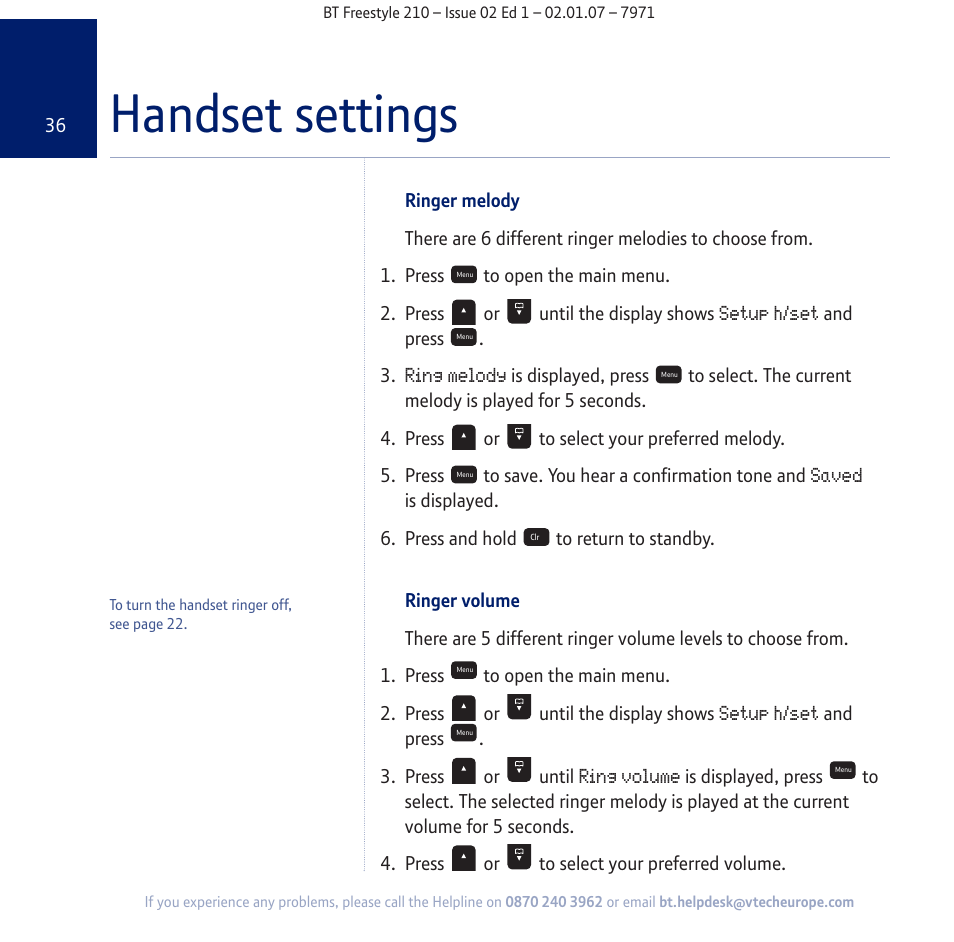 Handset settings | BT 210 User Manual | Page 36 / 58