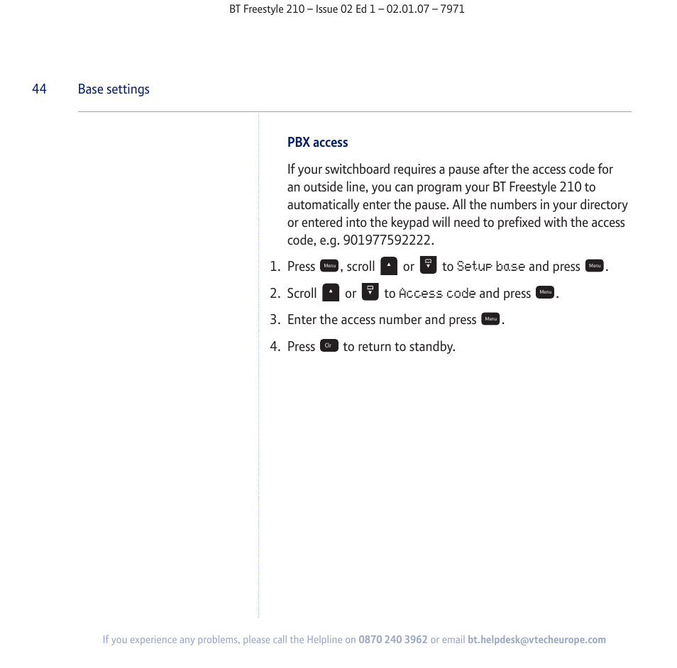 Setup base, Access code | BT 210 User Manual | Page 44 / 58