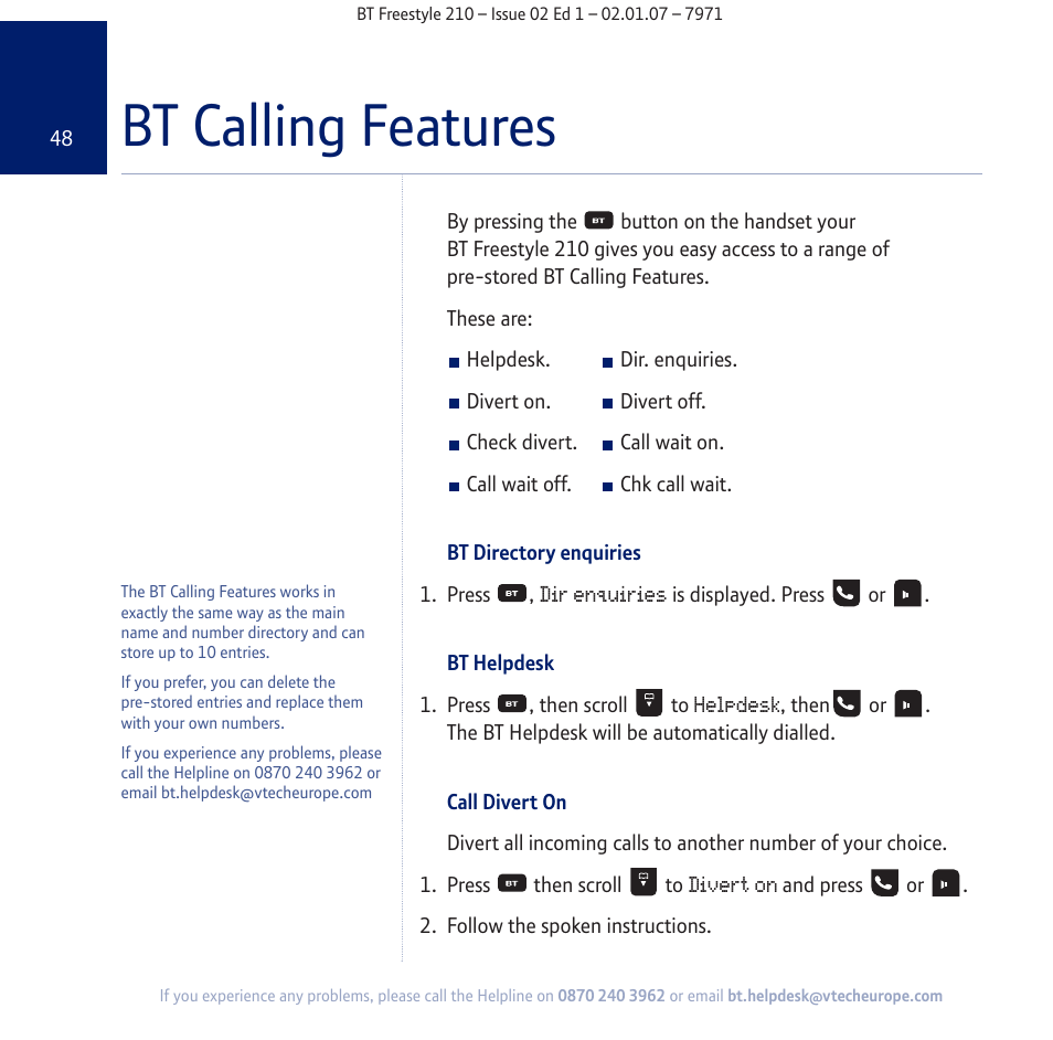 Bt calling features | BT 210 User Manual | Page 48 / 58