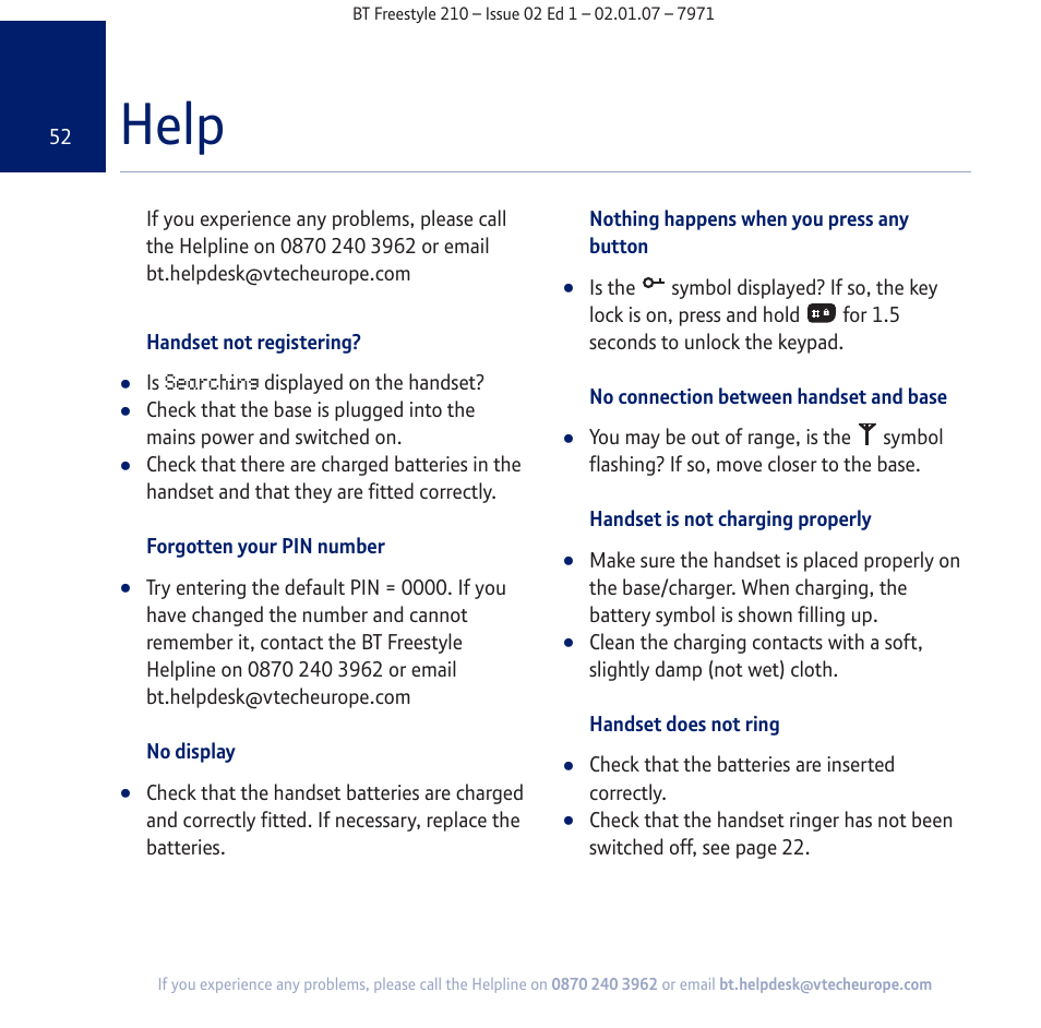 Help | BT 210 User Manual | Page 52 / 58