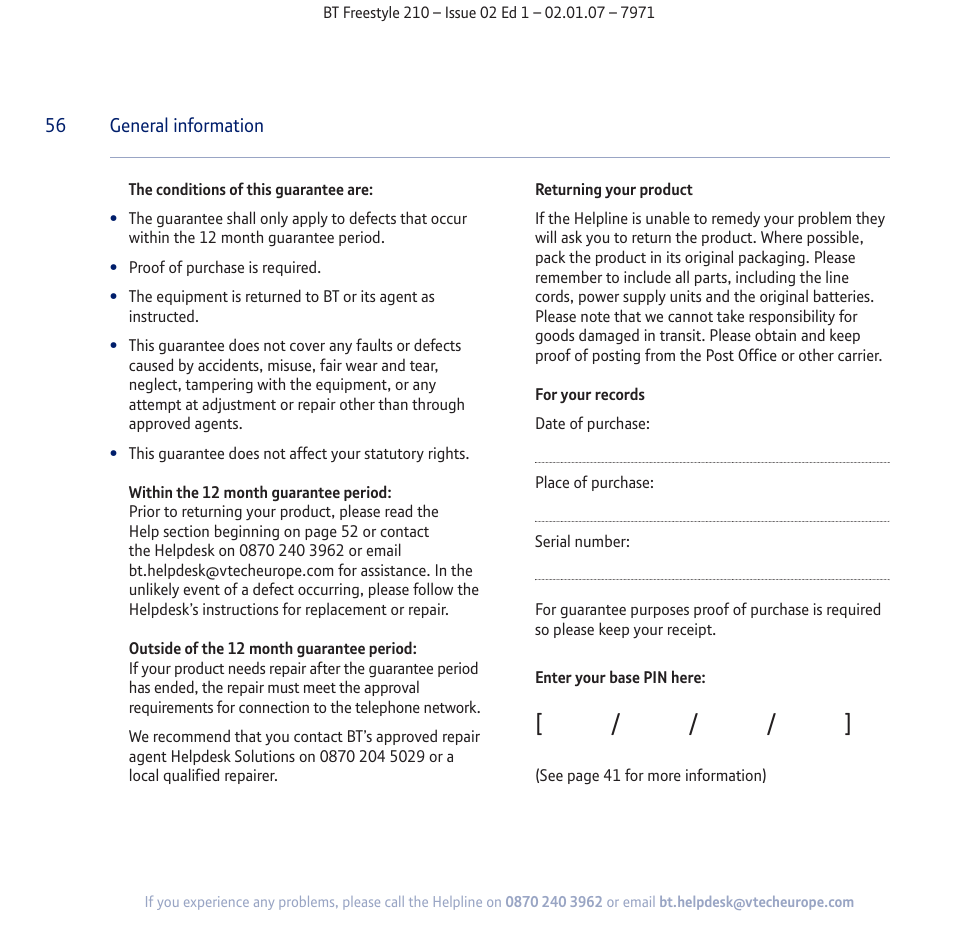 BT 210 User Manual | Page 56 / 58