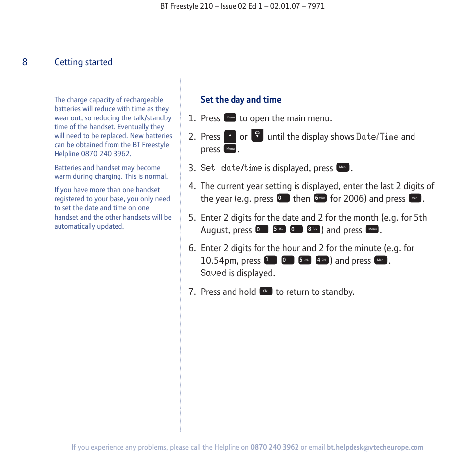 Date/time, Set date/time, Saved | And press . 3, 8getting started | BT 210 User Manual | Page 8 / 58