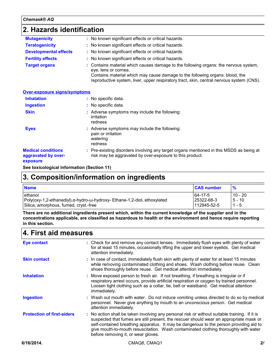 Hazards identification, Composition/information on ingredients, First aid measures | Chemtronics Chemask Aqua - Water Removable CMAQ1 User Manual | Page 2 / 9