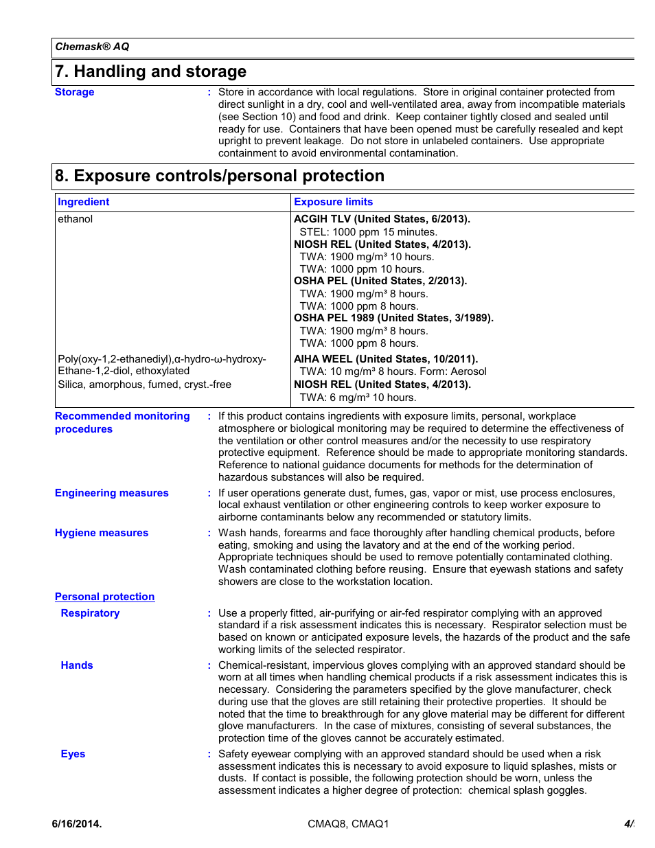 Handling and storage, Exposure controls/personal protection | Chemtronics Chemask Aqua - Water Removable CMAQ1 User Manual | Page 4 / 9