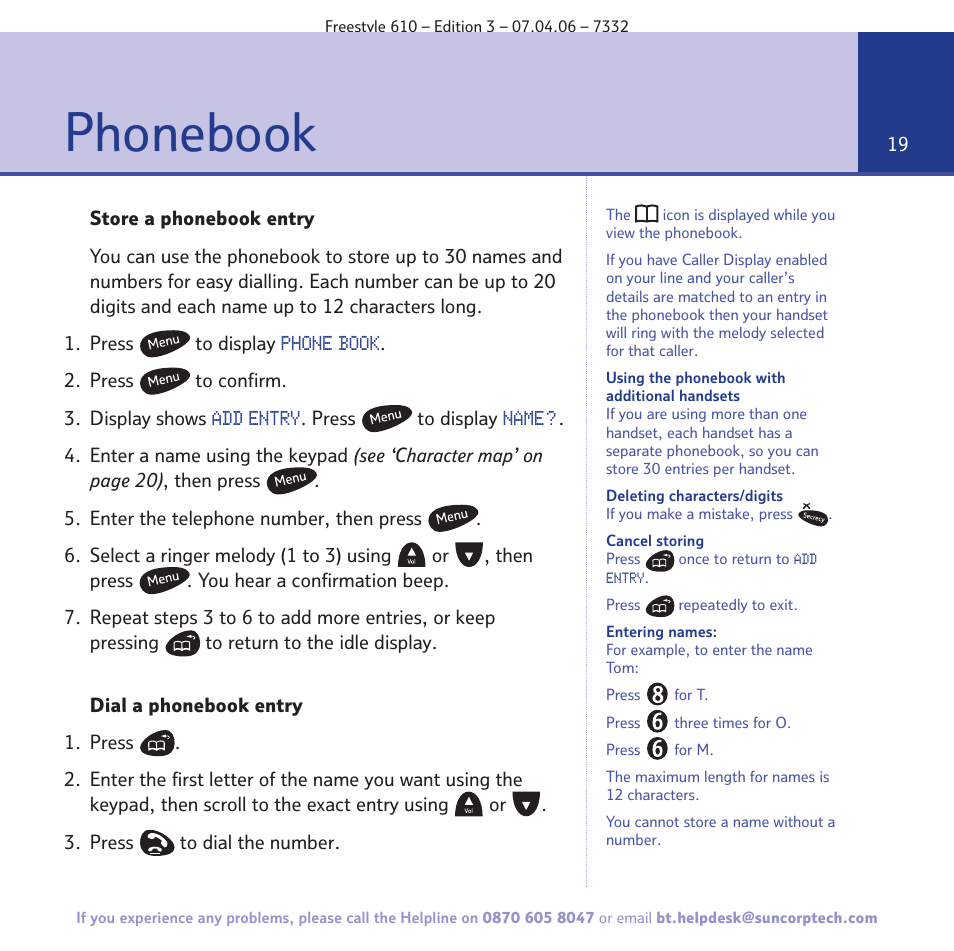 Phonebook | BT 610 User Manual | Page 19 / 52