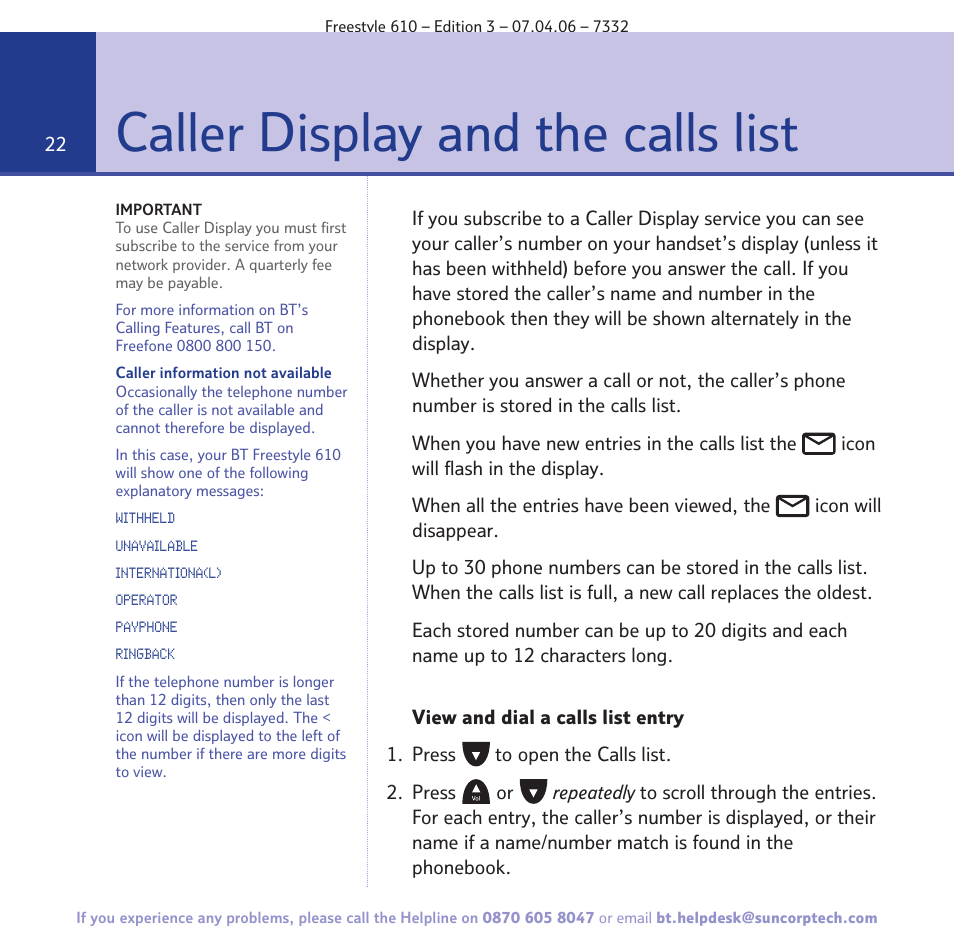 Caller display and the calls list | BT 610 User Manual | Page 22 / 52