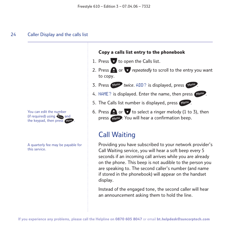 Call waiting | BT 610 User Manual | Page 24 / 52