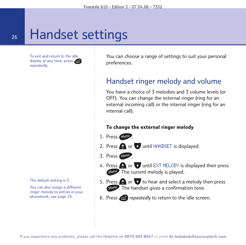 Handset settings, Handset ringer melody and volume | BT 610 User Manual | Page 26 / 52