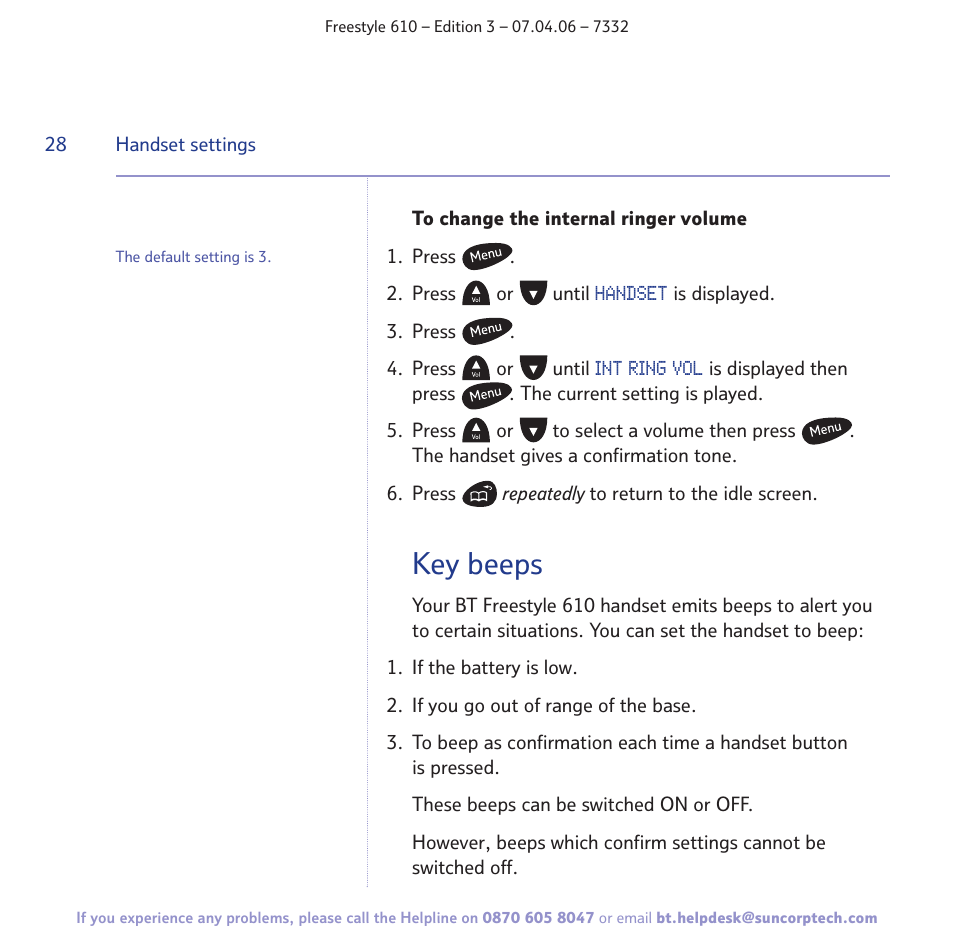 Key beeps | BT 610 User Manual | Page 28 / 52