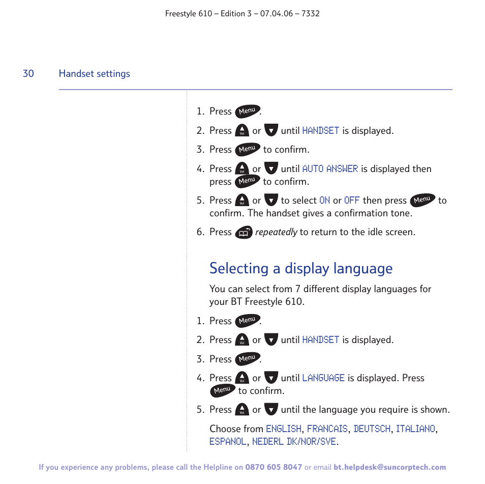 Selecting a display language | BT 610 User Manual | Page 30 / 52