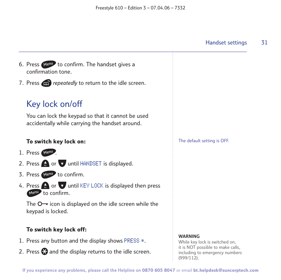 Key lock on/off | BT 610 User Manual | Page 31 / 52