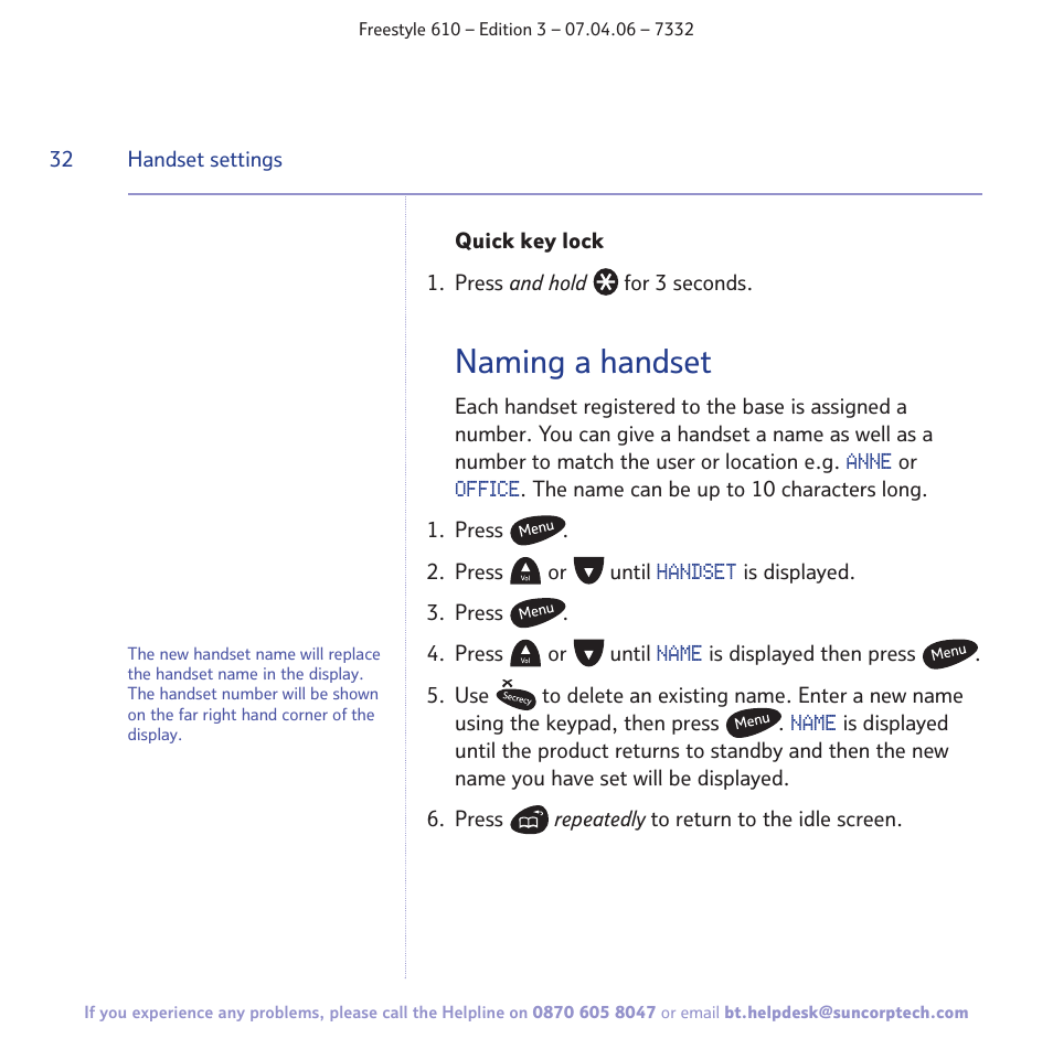 Naming a handset | BT 610 User Manual | Page 32 / 52