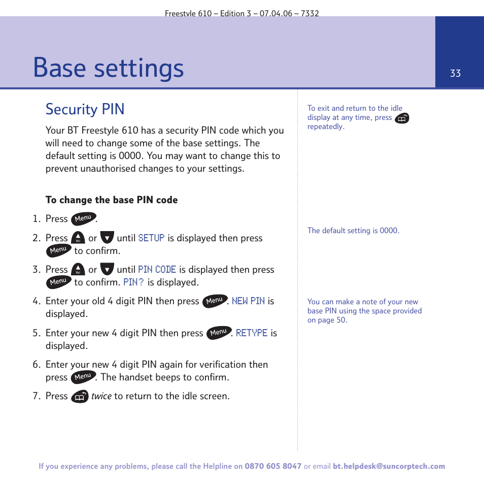 Base settings, Security pin | BT 610 User Manual | Page 33 / 52